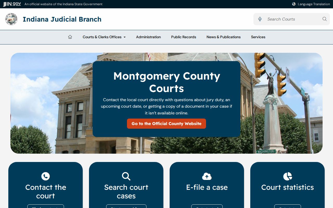 Indiana Judicial Branch Montgomery County courts page for bench warrant routing