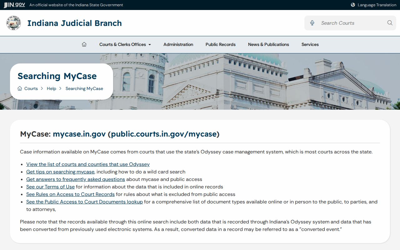 Indiana MyCase public case search information used for Montgomery County warrant lookup