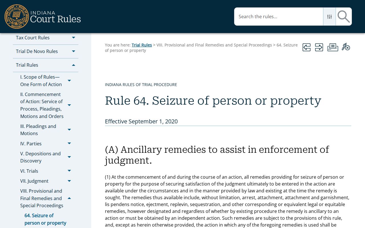 Indiana Trial Rule 64 civil body attachment procedure for Montgomery County courts